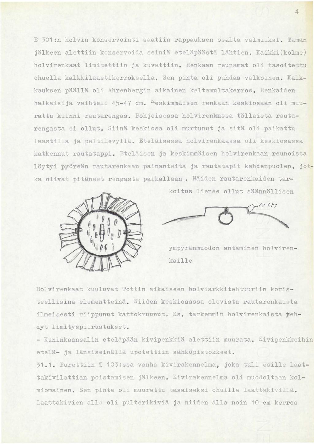4 E 301 :n holvin konservointi saatiin rappauksen osalta valmiiksi. rämän jälkeen alettiin konservoida seiniä eteläpäästä lähtien. Kaikki(kolme) holvirenkaat limitettiin ja kuvattiin.