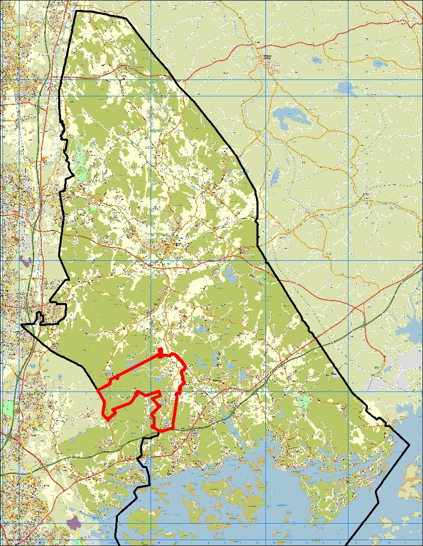 Suunnittelualue Planområde Suunnittelualue, Immersbyn kylätaajaman alue sekä osia Hindsbyn ja Östersundomin kylistä, sijaitsee Lounais-Sipoossa Porvoonväylän (E18) pohjoispuolella noin 7 km Nikkilän