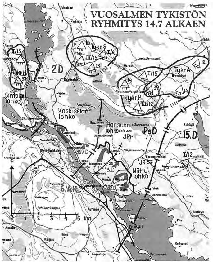 TYKISTÖ TAISTELEE TULELLAAN Tykistön ryhmitys Vuosalmella heinäkuussa 1944. Lähde Koskimaa, Matti: Murtajan tykistö. 2. Divisioonan tykistön taistelu 1941 1944, s. 265.