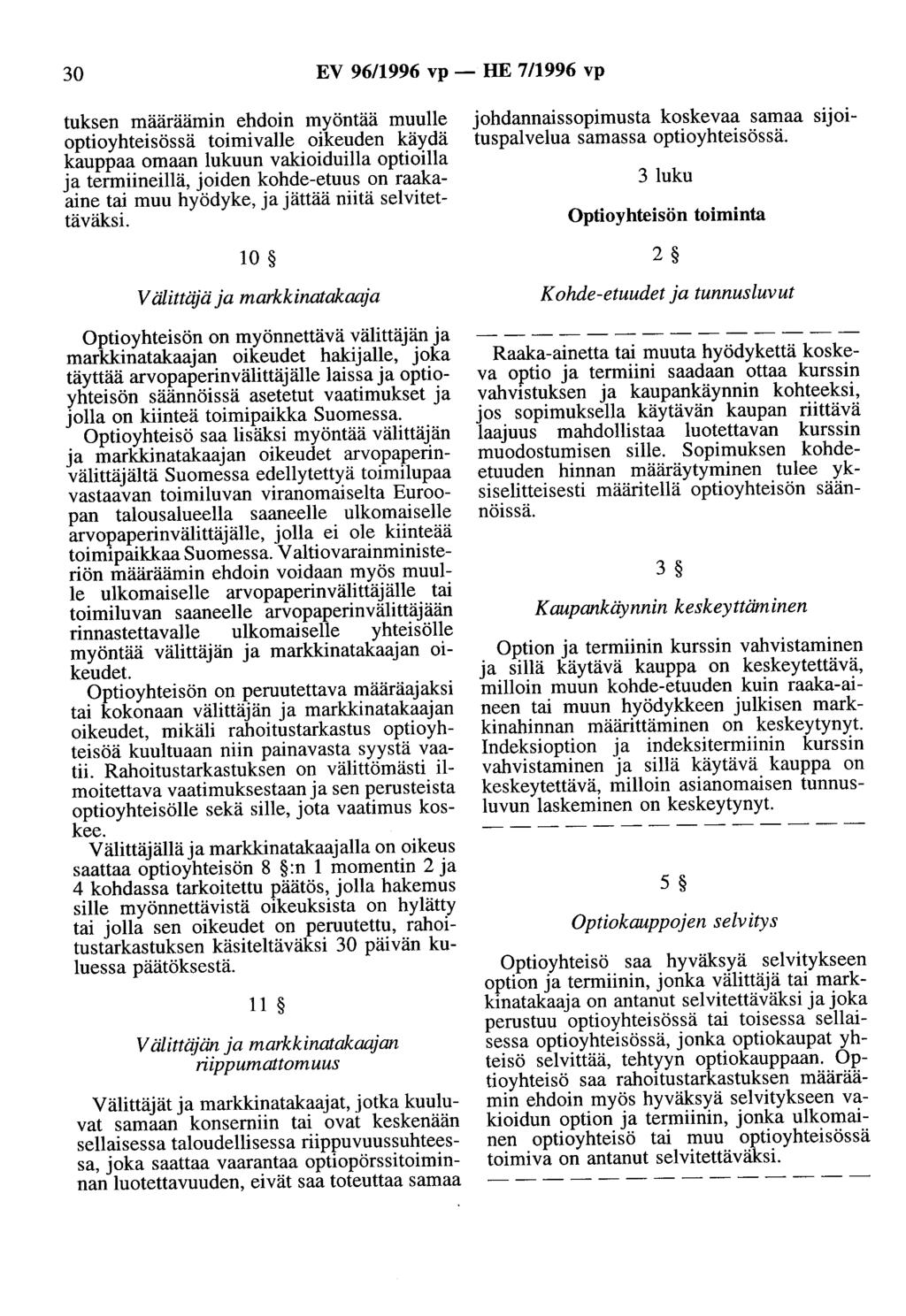 30 EV 96/1996 vp - HE 7/1996 vp tuksen määräämin ehdoin myöntää muulle optioyhteisössä toimivalle oikeuden käydä kauppaa omaan lukuun vakioiduilla optioilla ja termiineillä, joiden kohde-etuus on