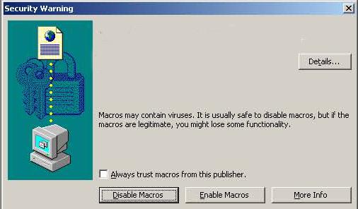 Excel-versio 2003: Tarkista Työkalut/Makrot/Security-välilehdeltä Excelin hyväksymä makrojen turvallisuustaso.