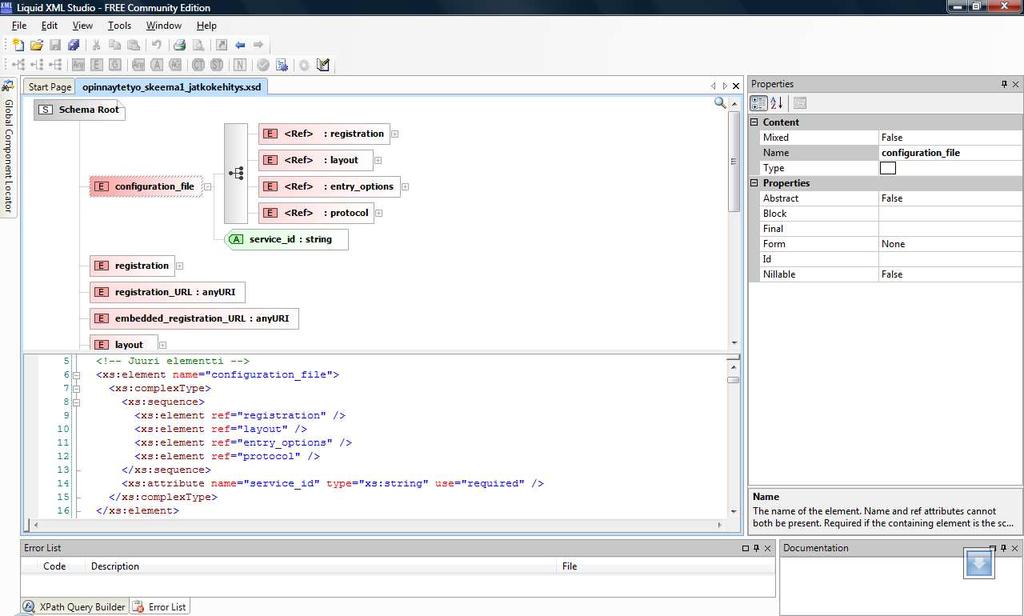kertaisempi (ks. kuvio 8). Liquid XML Studiossa kaikki oleelliset toiminnot olivat heti näkyvissä ja XML-skeemojen luonti onnistui helposti. 33 KUVIO 8.