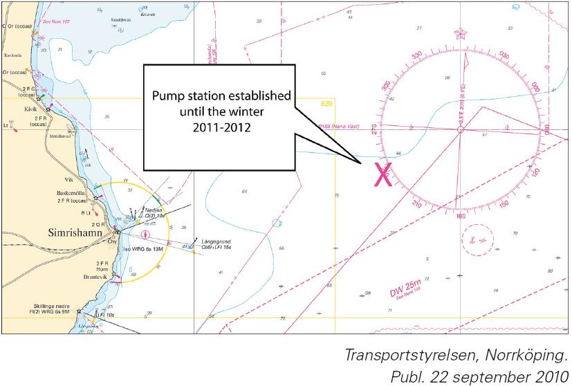 9 Detaljer: En vågdriven pumpstation etableras i Hanöbukten. Pumpstationen är placerad på en plattform (13,5m x 7m) och är utmärkt med 4 gula specialprickar med gult ljus.