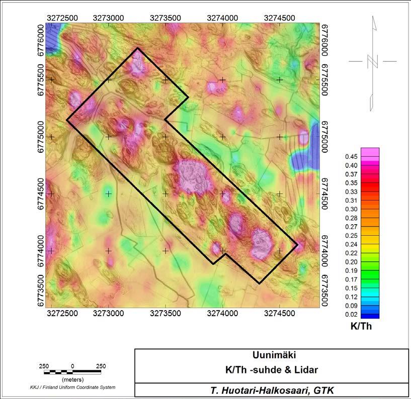 GEOLOGIAN TUTKIMUSKESKUS 6 28.1.216 Kuva 1.2-9. Lentosäteilyaineiston K/Th suhde. Laserkeilausaineisto Maanmittauslaitos 216 1. Maastogeofysiikan aineisto 1.