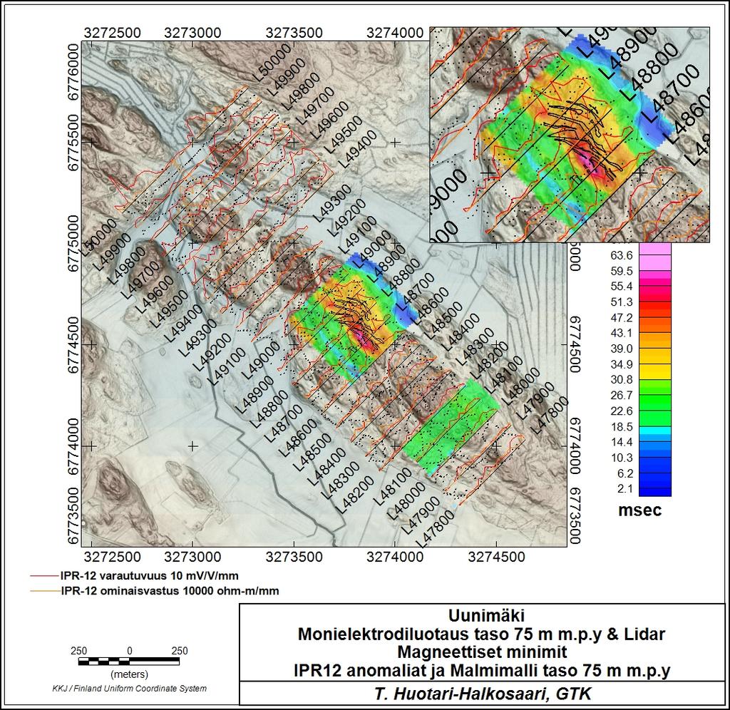 GEOLOGIAN TUTKIMUSKESKUS 14 28.1.216 laskettujen laakso-/minimipaikkojen avulla on periaatteessa mahdollista päätellä geologisia piirteitä, kuten rikkonaisuutta. Kuvasta 1.