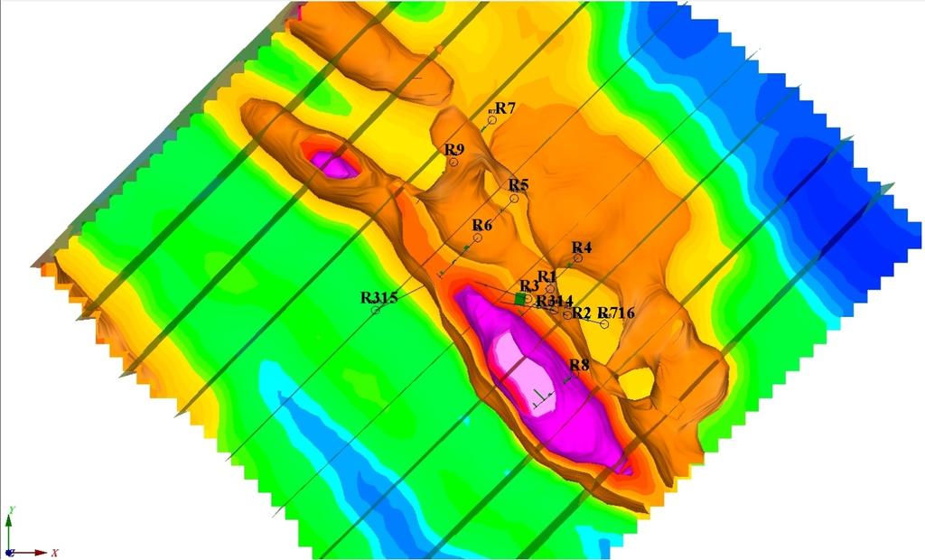 GEOLOGIAN TUTKIMUSKESKUS 17 28.1.216 Kuva 1.-1. Monielektrodiluotausten IP-tulos ja kultapitoisuudet kairarei'issä. IP- tasa-arvokäyrä oranssi msec ja vaaleanpunainen msec.