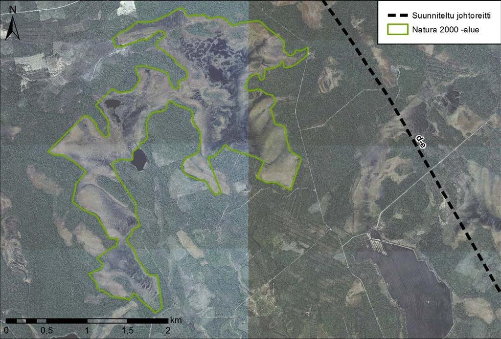 108 35TYmpäristövaikutusten arviointiohjelma Kuva 66. Kusisuon Natura 2000-alue sekä suunnitellun voimajohdon sijainti ilmakuvalla.