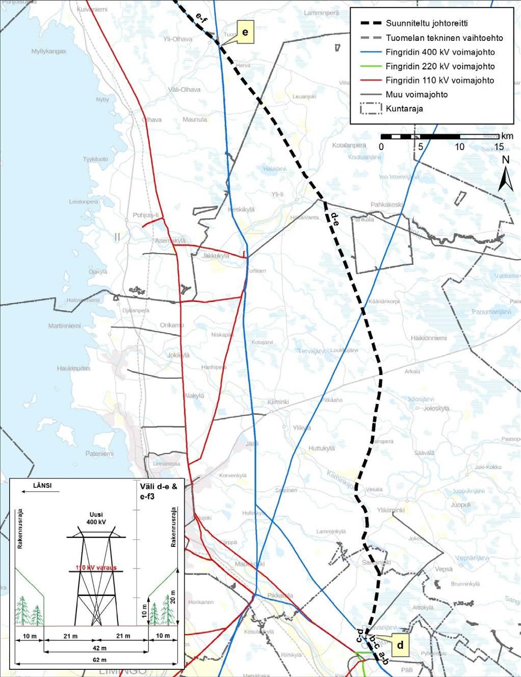 28 35TYmpäristövaikutusten arviointiohjelma Poikkileikkausvälissä d-e Soidinmaalta Yli-Olhavan Tuomelaan uusi 400+110 kilovoltin