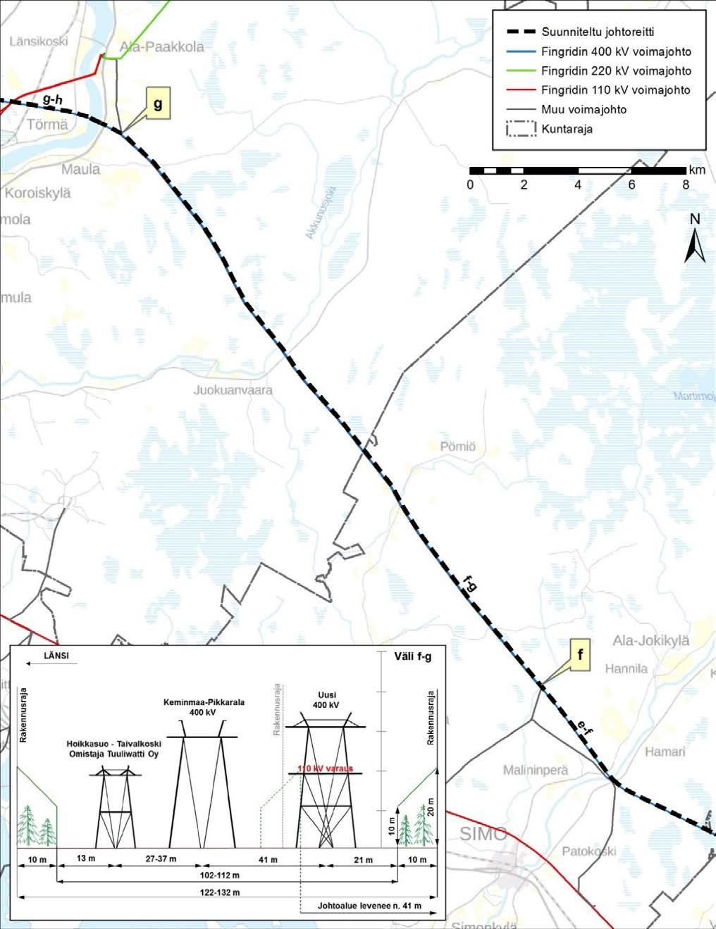 30 35TYmpäristövaikutusten arviointiohjelma Poikkileikkausvälissä f-g Simon Hirvisuolta Keminmaan Maihkilanvaaraan uusi 400+110 kilovoltin voimajohto sijoittuu nykyisten