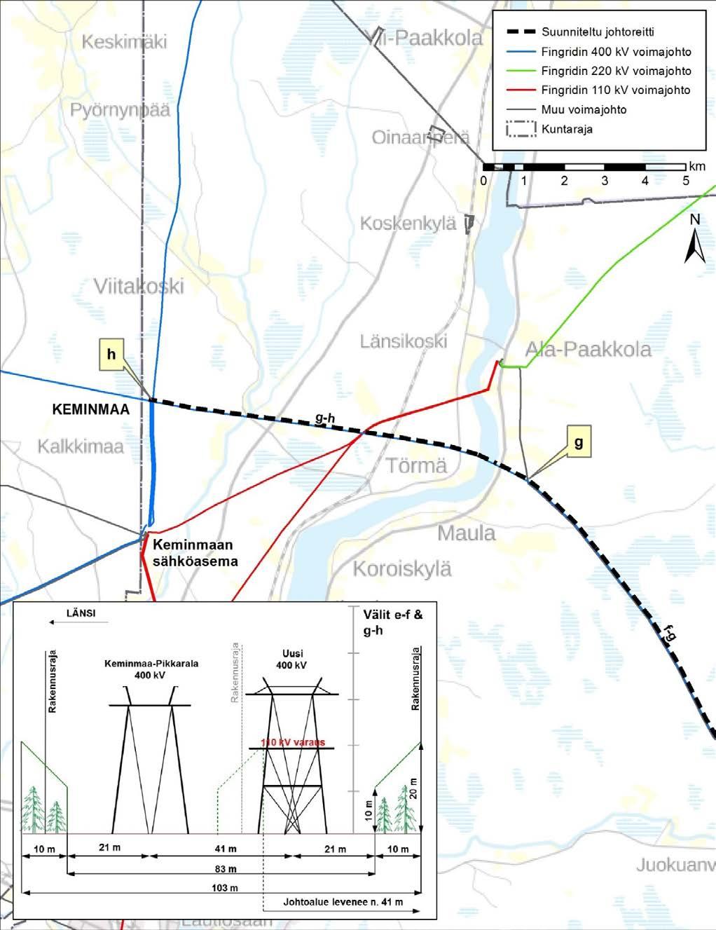 35TYmpäristövaikutusten arviointiohjelma 31 Poikkileikkausvälissä g-h Keminmaan Maihkilanvaarasta Keminmaan sähköaseman sisäänvetopisteeseen uusi 400+110 kilovoltin voimajohto