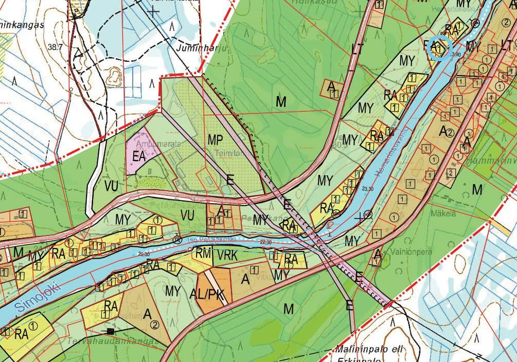 35TYmpäristövaikutusten arviointiohjelma 57 Kuva 38. Ote Simojoen osayleiskaavan muutosehdotuksesta (nähtävillä 29.3.-27.4.2016). Punainen nuoli havainnollistaa tutkittavan voimajohtoreitin sijaintia.