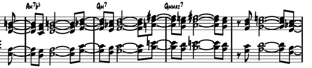 Siinä hän kehittelee motiivia, joka alkaa alkuperäisellä Am7b5:llä, mutta muuttuukin modaalisemmaksi, kun D7-soinnun tilalle hän soittaa Gm7:lle pohjautuvan hajoituksen joka käy Fm7:ssa.