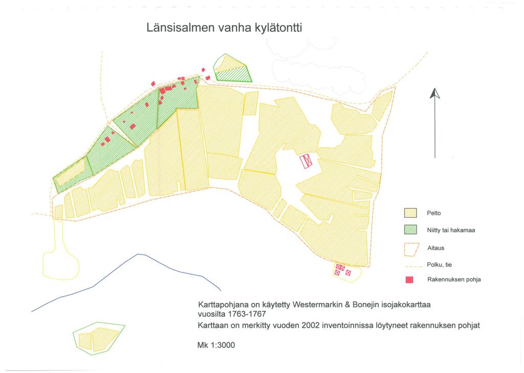 Länsisalmen vanha kylätontti D Pelto ~ Niitty tai hakamaa ) l ~ ) J ~7 Aitaus Polku, tie Rakennuksen pohja Karttapohjana on käytetty