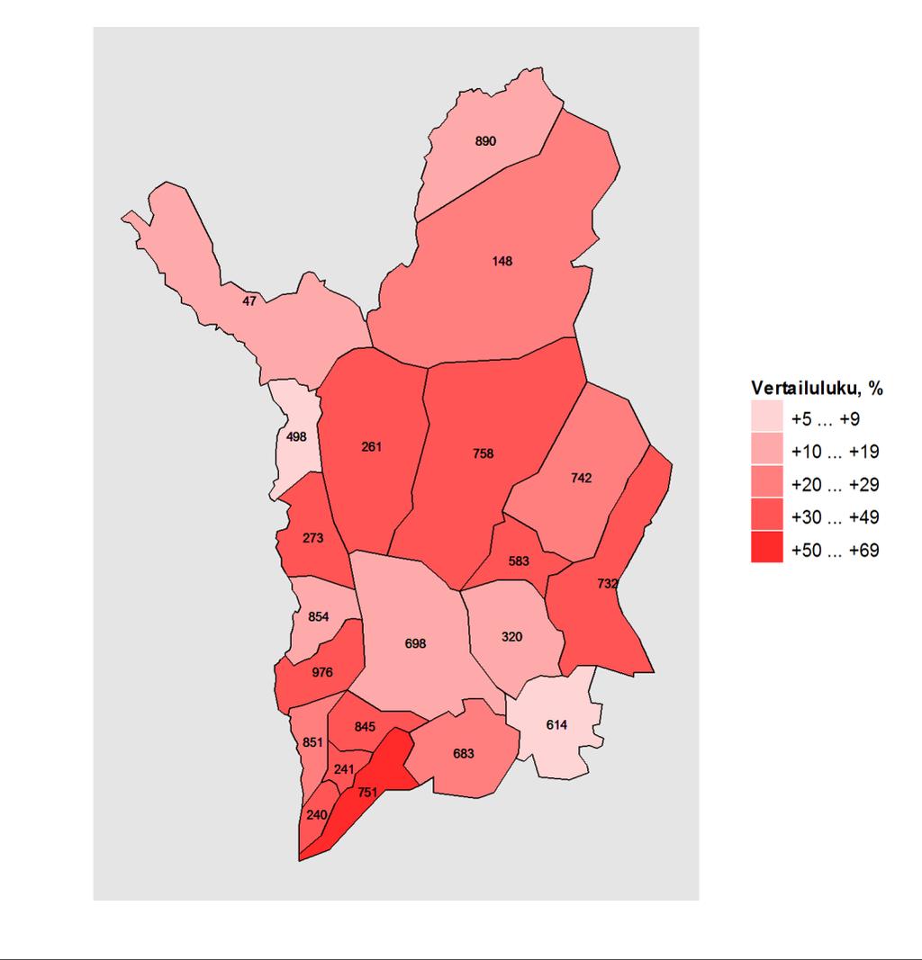 Kartta 1. Vammojen ja myrkytysten aiheuttamat hoitojaksot alueen kunnissa vuosina 2011 2015, vertailutiedot koko maan tilanteeseen. Kartta: Maanmittauslaitoksen Yleiskartta 1:4 500 000, 2011.