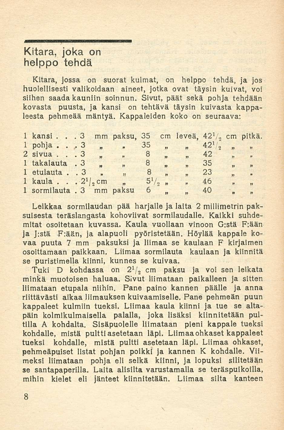 .. 3 3. 3. 2 3 35 Kitara, joka on helppo tehdä Kitara, jossa on suorat kulmat, on helppo tehdä, ja jos huolellisesti valikoidaan aineet, jotka ovat täysin kuivat, voi siihen saada kauniin soinnun.