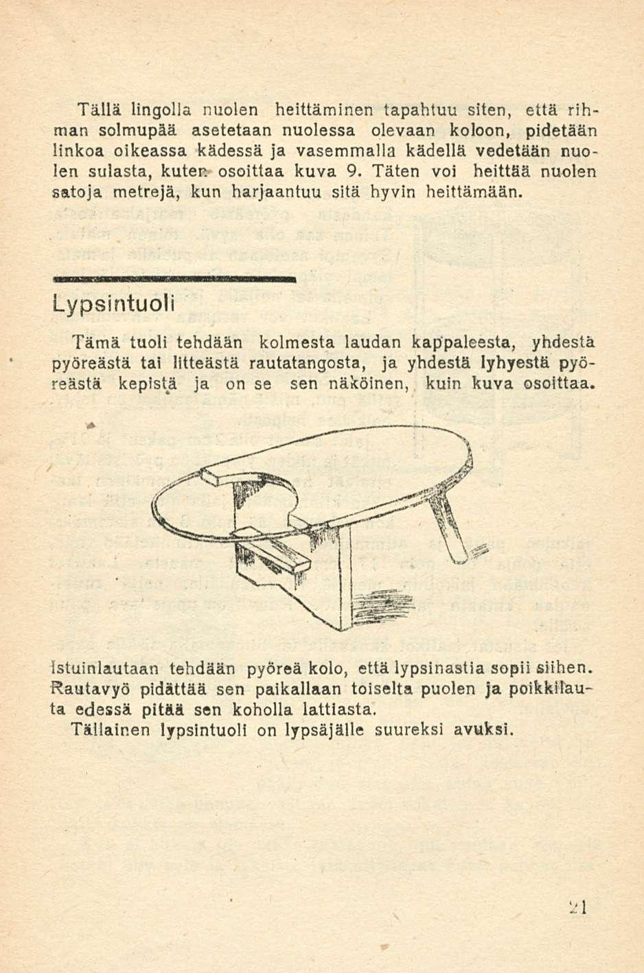 Tällä lingolla nuolen heittäminen tapahtuu siten, että rihman solmupää asetetaan nuolessa olevaan koloon, pidetään linkoa oikeassa kädessä ja vasemmalla kädellä vedetään nuolen sulasta, kuten