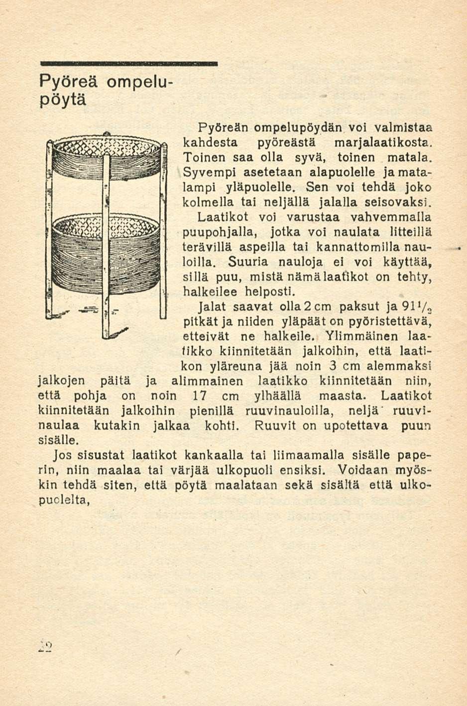 Pyöreä ompelu pöytä Pyöreän ompelupöydän voi valmistaa kahdesta pyöreästä marjalaatikosta. Toinen saa olla syvä, toinen matala. Syvempi asetetaan alapuolelle ja matalampi yläpuolelle.