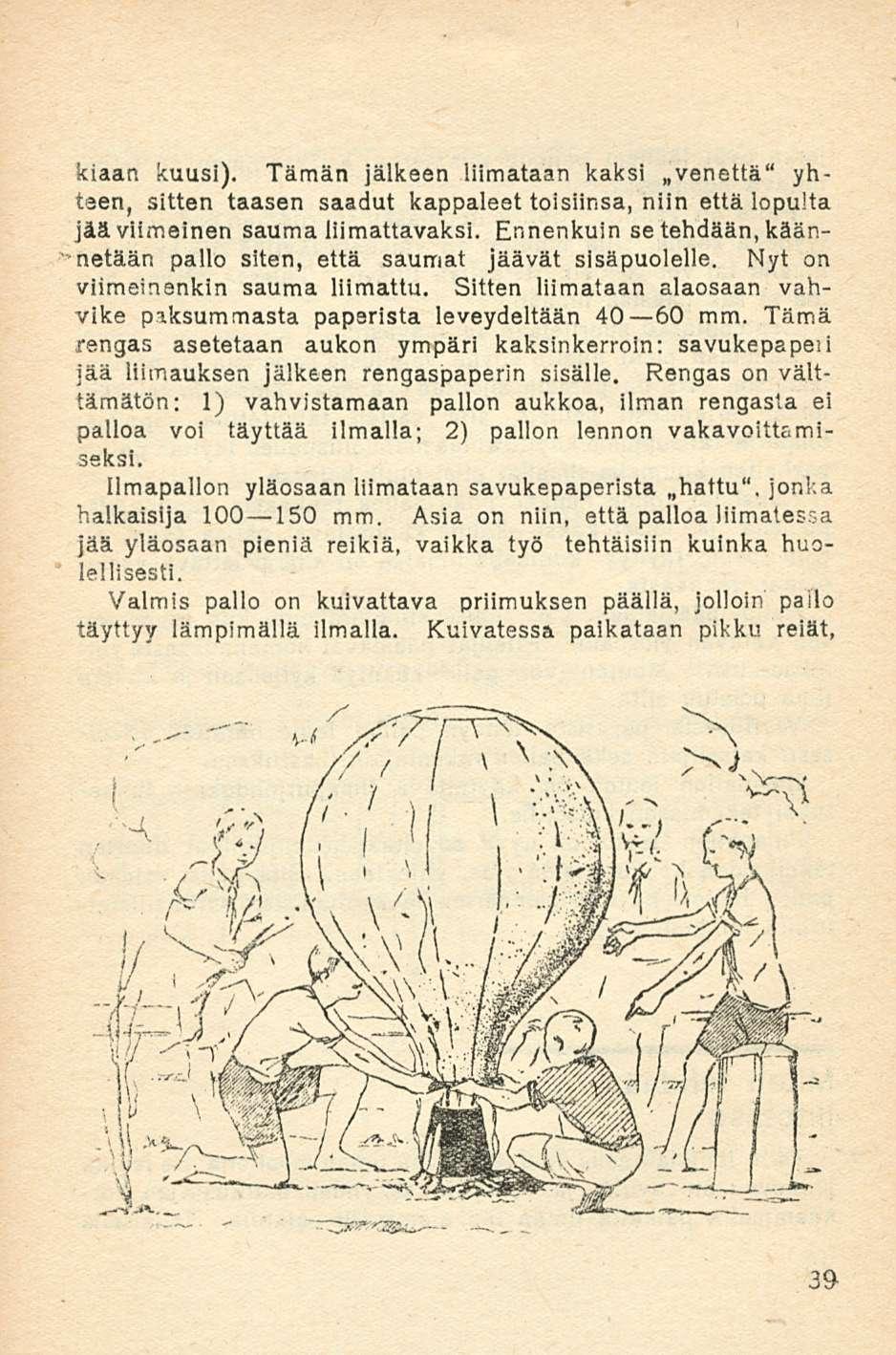 Sciaan kuusi). Tämän jälkeen liimataan kaksi «venettä" yhteen, sitten taasen saadut kappaleet toisiinsa, niin että lopulta jää viimeinen sauma liimattavaksi.