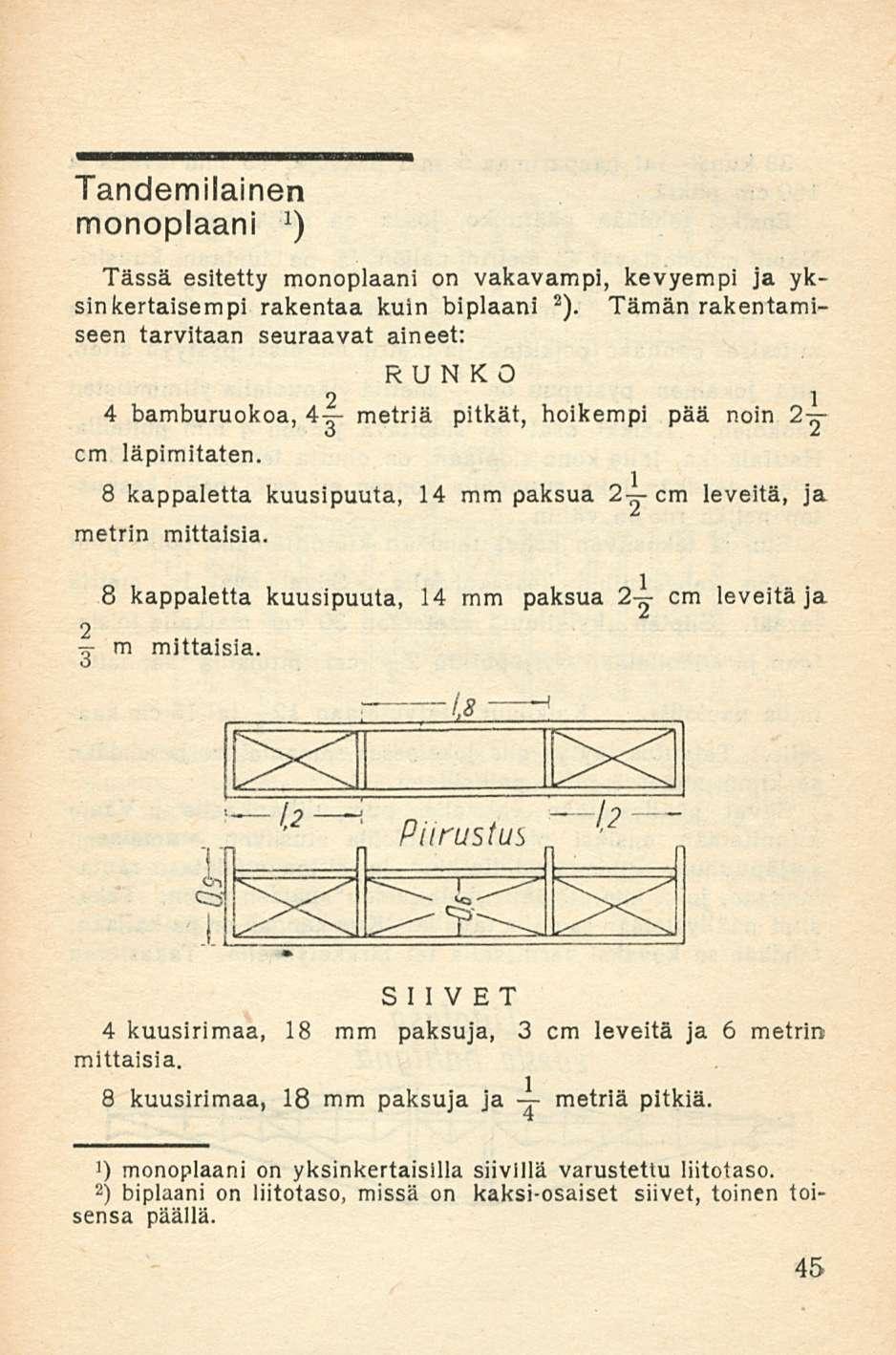 Tandemilainen monoplaani J ) Tässä esitetty monoplaani on vakavampi, kevyempi ja yksinkertaisempi rakentaa kuin biplaani ).