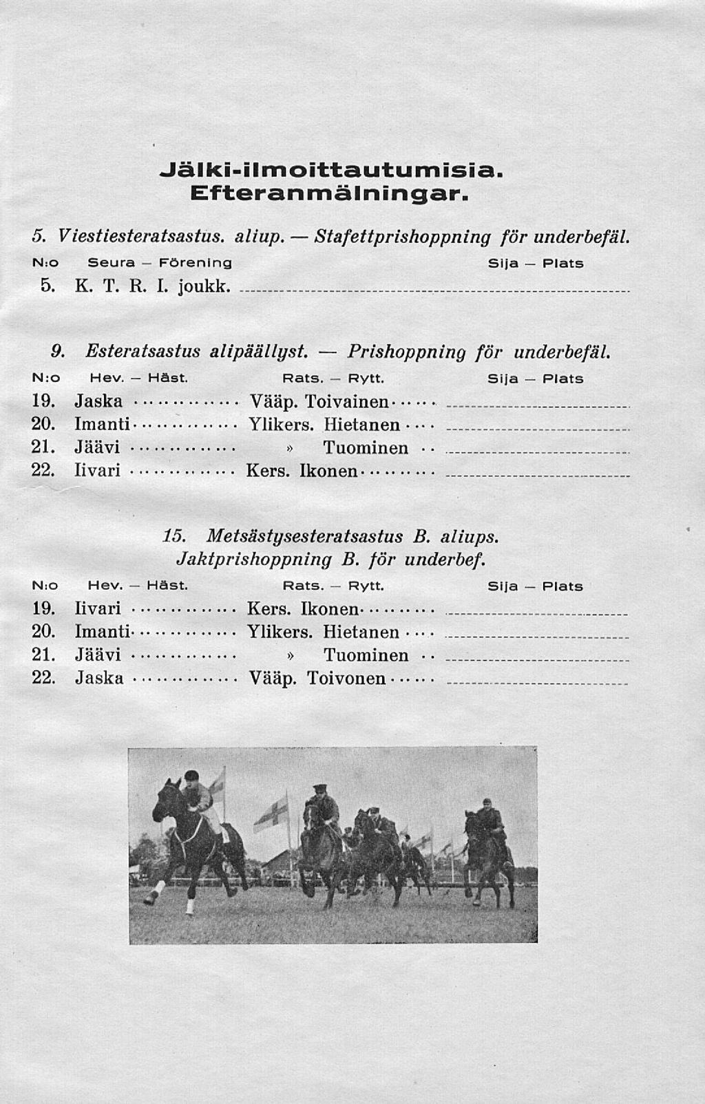 Häst. Förening Stafettprishoppning Prishoppning Jälkiilmoittautumisia. Efteranmälningar. 5. Viestiesteratsastus. aliup. NiO Seura 5. K. T. R. I. joukk. för underbefäl. 9. Esteratsastus alipäällyst.