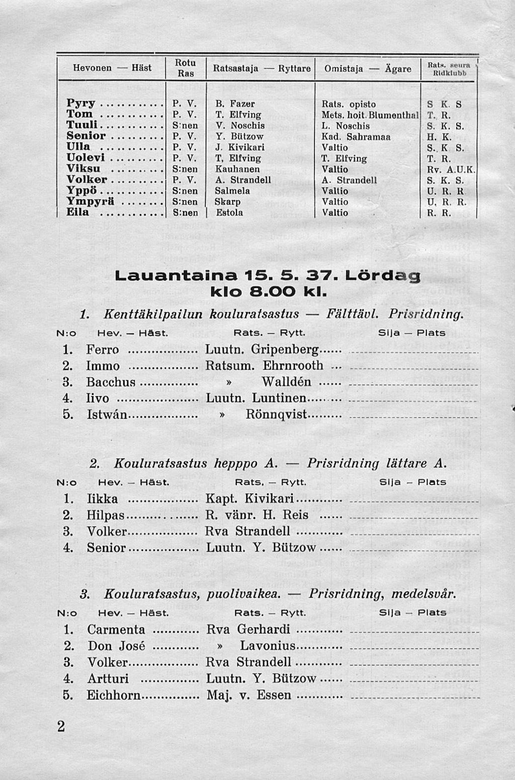 Hast. Hast. Häst. Prisridning Prisridning, Fälttävl. Ägare Hevonen Häst Ratsastaja Ryttare Omistaja "SSktabJ* Pyry B. Fazer opisto SKS Tom P.V. T.Elfving Mets. hoit. Blumenthal T. R. Tuuli S:nen V.