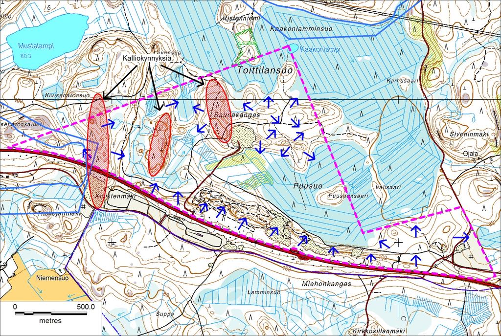 KymiRingin hankealueen pohja- ja 20.1.2014 8 (26) Kuva 5. Asemakaavoitettavan alueen pohjaveden tulkitut/arvioidut paikalliset virtaussuunnat.