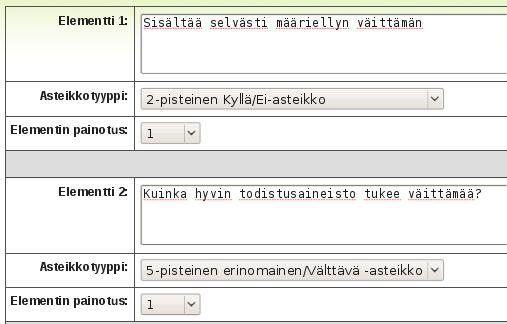 määritellään tässä tapauksessa elementeille kuvaus, arviointiasteikko sekä painoarvot. Arvostelun helpottamiseksi Työpaja-tehtävässä pitäisi olla järkevä määrä Arviointi elementtejä.