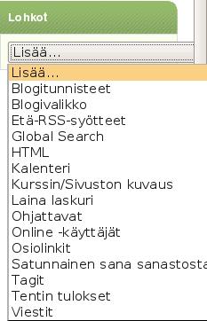 Lohkot (moduulit) Opettaja voi uuden työtilan yhteydessä valita, mitä lohkoja hän haluaa ottaa käyttöönsä. Lohkot -osiossa on valittavana useita eri toimintoja.