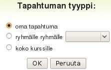 Yhteiset tapahtumat vihreä Kurssin tapahtumat oranssi Ryhmän tapahtumat keltainen Omat tapahtumat sininen Käyttäjä voi piilottaa kalenterista tietyn tyypin tapahtumia kalenterin alareunasta.