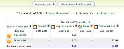 Opiskelijat Uusia opiskelijoita voit lisätä klikkaamalla Roolit-sarakkeesta Opiskelija ja valitsemalla oikeanpuoleiselta Mahdolliset-listalta ne henkilöt, jotka haluat liittää kurssillesi.