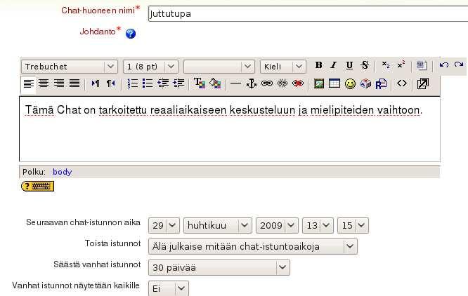 Järjestelmä ei muistuta toistuvasta ajankohdasta, vaan näyttää chatin esittelytiedoissa tai kurssin Kalenterissa sekä Tulevat tapahtumat -lohkossa seuraavan chatajankohdan.