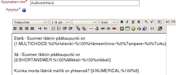 Aukkotehtävät Aukkotehtävät-vaihtoehto ei ole valmis kysymystyyppi, vaan tässä käyttäjä joutuu itse kirjoittamaan editoriin varsinaisen tekstin, johon aukkokohdat lisätään sekä kirjoittamaan lyhyen