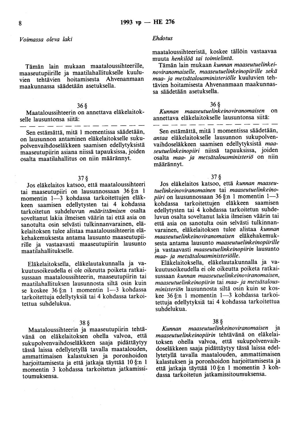 8 1993 vp - HE 276 Voimassa oleva laki Tämän lain mukaan maataloussihteerille, maaseutupiirille ja maatilahallitukselle kuuluvien tehtävien hoitamisesta Ahvenanmaan maakunnassa säädetään asetuksella.