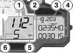6 70 Kilparadalla z LAPTIMER-tila Esitystapa 1 Nopeusnäyttö 2 nykyinen kilpa-ajokierros 3 Moottorin lämpötila 4 näyttö näillä riveillä on säädettävissä ( 70) kuvassa: edellisen kierroksen (LASTLAP)