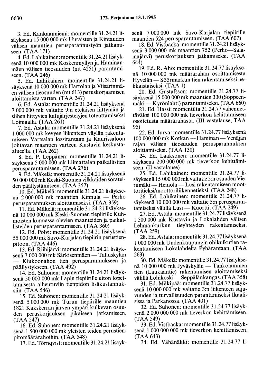 6630 172. Perjantaina 13.1.1995 3. Ed. Kankaanniemi: momentille 31.24.21lisäyksenä 15 000 000 mk Uuraistenja Kintauden välisen maantien perusparannustyön jatkamiseen. (TAA 171) 4. Ed. Lahikainen: momentille 31.