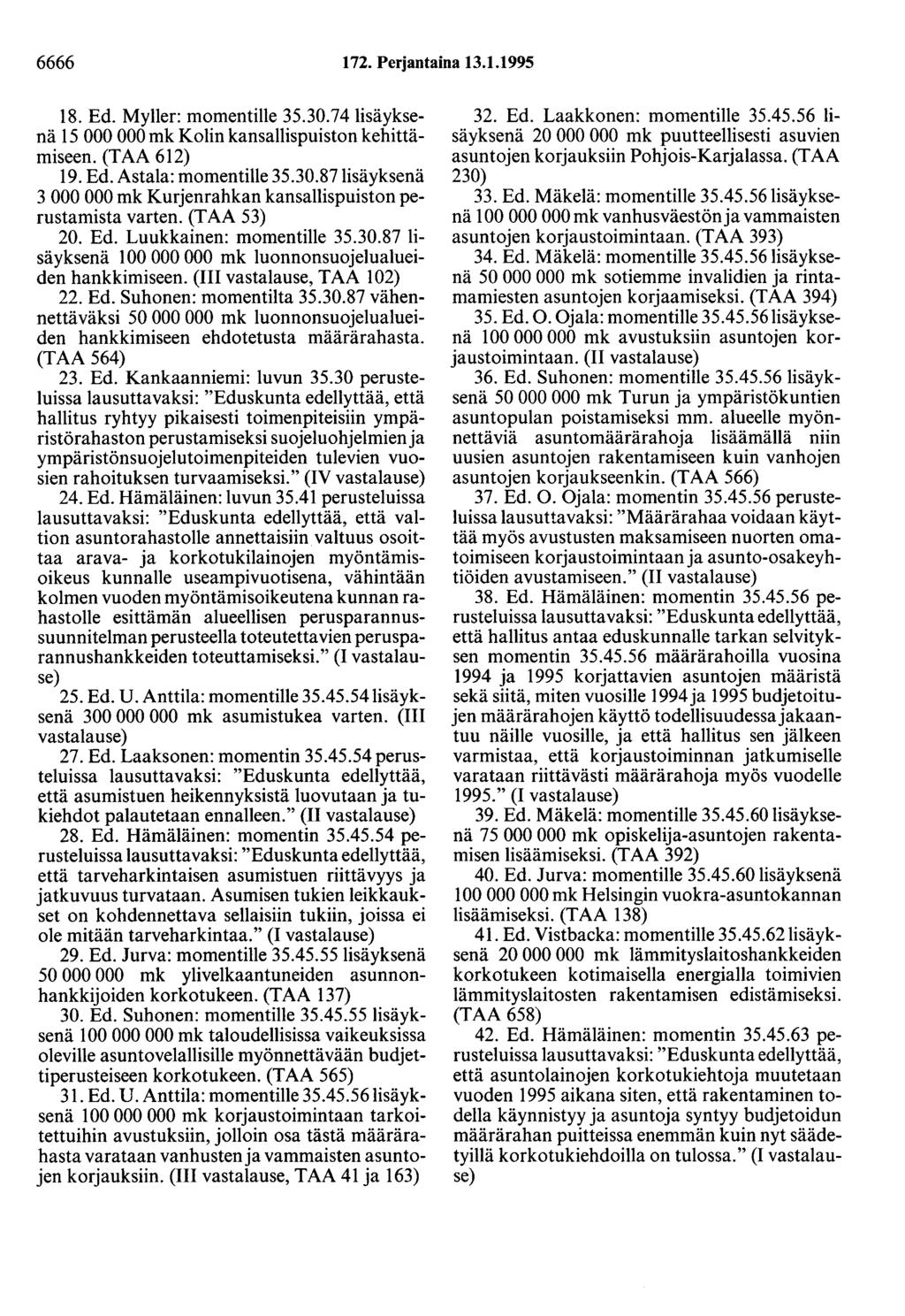 6666 172. Perjantaina 13.1.1995 18. Ed. Myller: momentille 35.30.74 lisäyksenä 15 000 OOOmk Kolin kansallispuiston kehittämiseen. (TAA 612) 19. Ed. Astala: momentille 35.30.87lisäyksenä 3 000 000 mk Kurjenrahkan kansallispuiston perustamista varten.