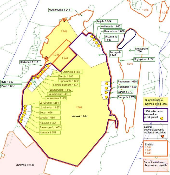 Suunnittelualueen emätilojen kokonaisrakennusoikeus on yhteensä 23,67 rakennuspaikkaa. Vuonna 1986 vahvistetussa ranta-asemakaavassa rakennuspaikkoja on osoitettu 22.