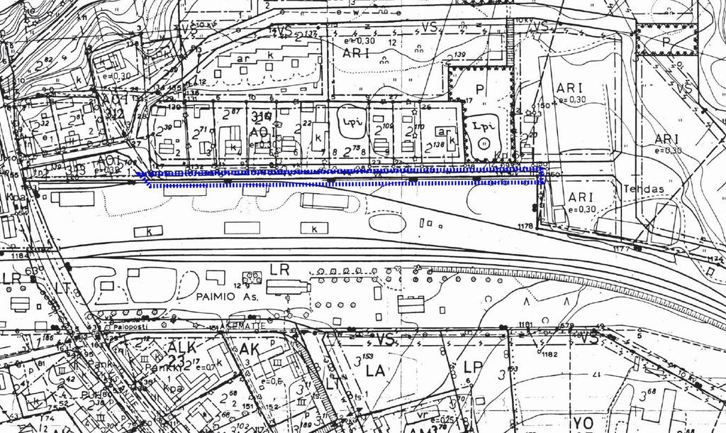 S i v u 9 Rautatien (LR) osalta on voimassa Ala-Vistan rakennuskaava vuodelta 1973. Kuva 7. Ote Ala-Vistan rakennuskaavasta. Ei mittakaavassa, suunnittelualue sinisellä.