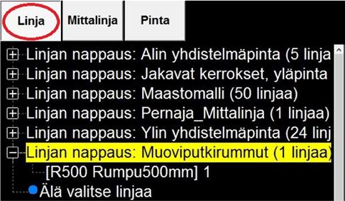 putkenhalkaisija Informaatiopalkissa näkyvät tiedot, kun Linja-välilehti