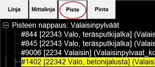 Informaatiopalkissa näkyvät tiedot, kun Piste-välilehti on aktiivisena: dz = korkeusero kauhan mittapisteestä valittuun