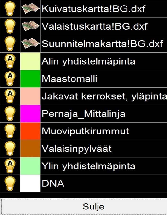 7 TAUSTAKARTAT (ei mitattavat)!bg 7.2 LandNova Taustakarttojen näkyvyys karttanäkymässä määritetään Valinnat Väriasetukset -kohdassa Muuta näkyvyysasetuksia klikkaamalla lamppu -ikonia.