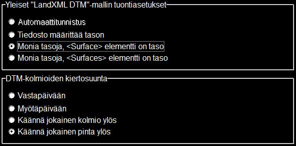 2 YLEISET ASETUKSET 2.2 LandNova-asetukset 2.2.1 LandXML DTM-mallin tuontiasetukset Automaattitunnistus: Ei vielä käytössä (ohjelmisto yrittää löytää rakenteita tiedoston sisältä.