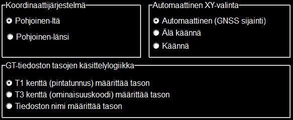 2 YLEISET ASETUKSET Asennustiedot Tiedoston tuonti 2.2.2 LandNovan tiedostonluku asetukset GT-formaatti T1 kenttä määrittää tason: Tiedoston sisällä oleva pintakoodi luo yhden tason (näkyy