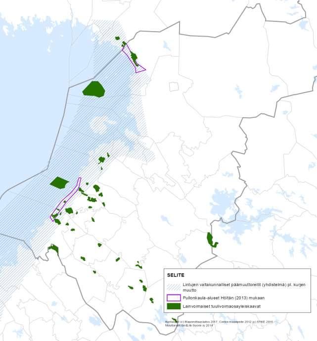 Kuva 31. Nykytilan tarkastelua. Lainvoimaisten tuulivoimayleiskaavojen sijoittuminen suhteessa Pohjanlahden rannikon muuttoreitteihin pl. kurjen muuttoreitit.