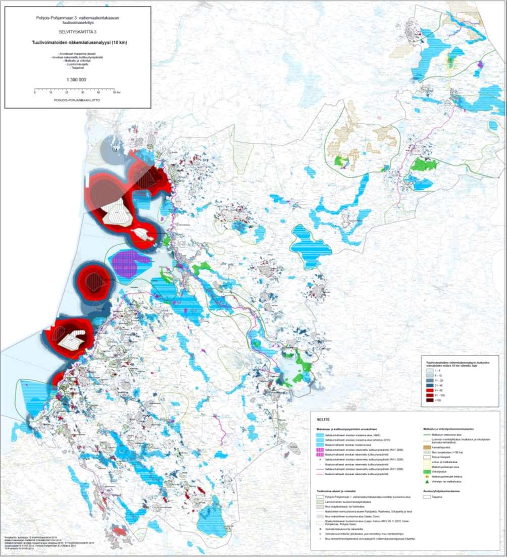 Kuva 33. Näkemäalueanalyysin tulokset maakuntakaavan taustaselvityksen mukaisessa maksimiskenaariossa.