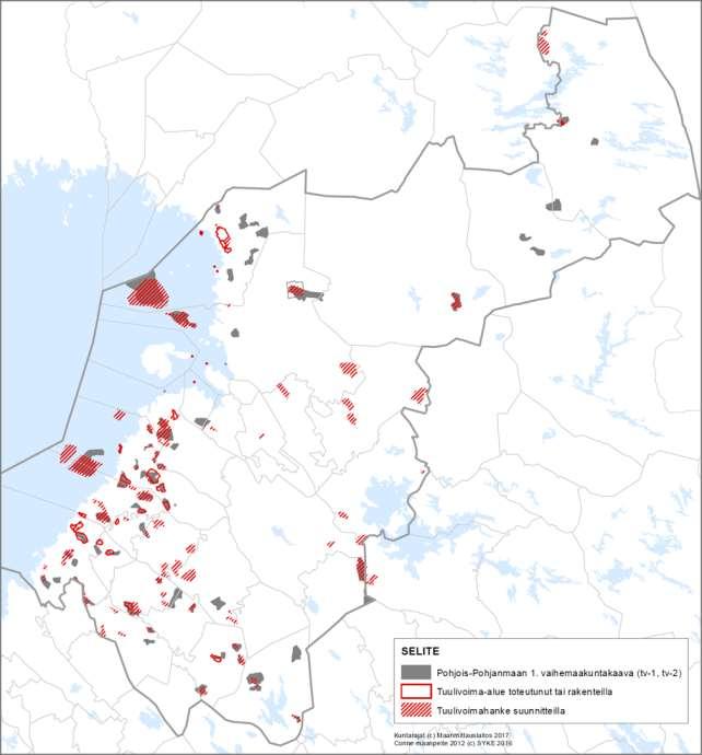 Kuva 7. Tuulivoimahankkeiden suhde Pohjois-Pohjanmaan 1. vaihemaakuntakaavassa osoitettuihin alueisiin. Perustelut 1.