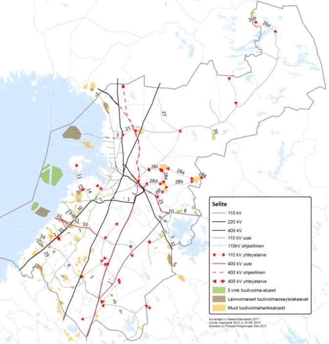 Kuva 11. Pohjois-Pohjanmaan 3. vaihemaakuntakaavan uudet pääsähköjohtomerkinnät. Olemassa oleva pääsähköverkko on esitetty harmaalla viivoituksella.