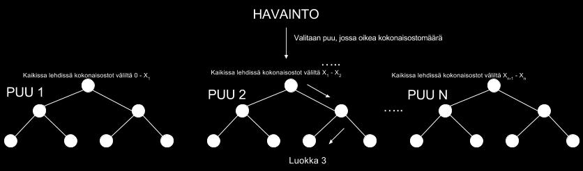 (a) Monen puun päätöspuumalli, jossa puiden muodostus ja luokitteluvalinta tehdään t ennustettavan tekijän mukaan. (b) Random Forrest -menetelmän mukainen puihin jako ja luokittelun valinta.