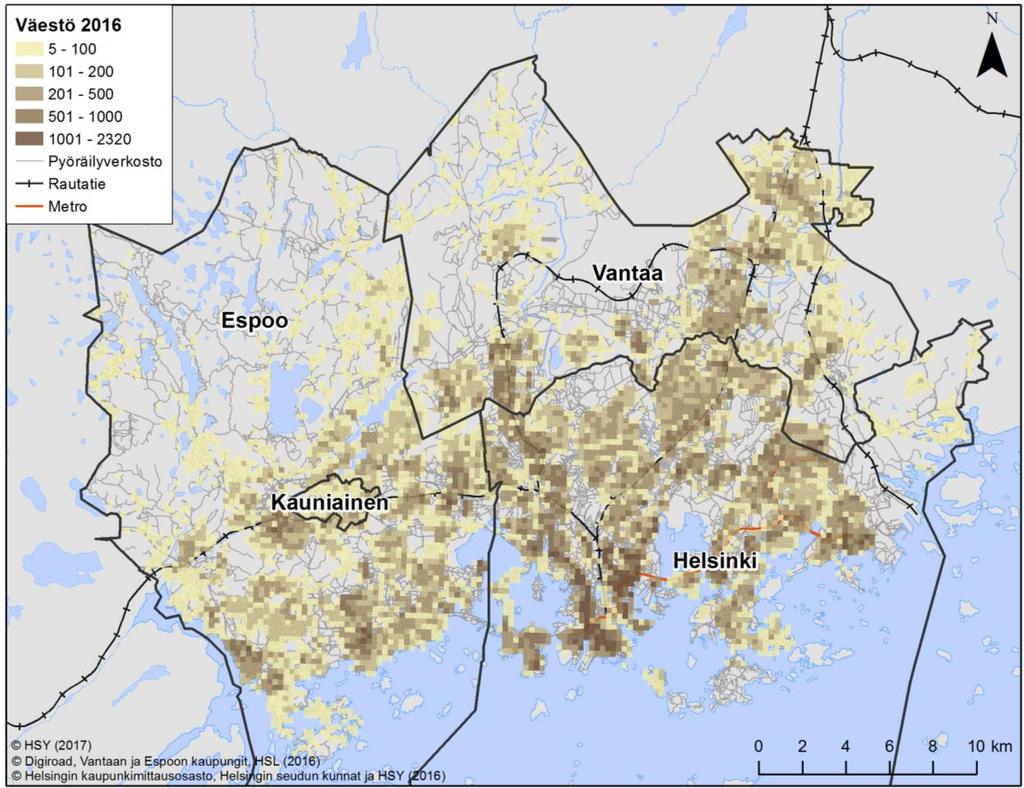 Kuva 3. Työn tutkimusalue ja väestö 2016 250 x 250 m ruuduittain (HSY 2017). 3.2 Aineistot Työssä käytetyt aineistot on kuvattu lyhyesti taulukossa 1 ja tarkemmin kappaleissa 3.2.1-3.2.3. Taulukko 1.