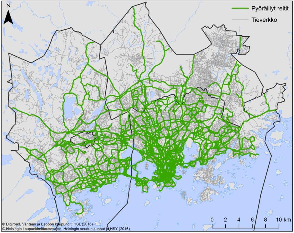 Kuva 8. Tilastollisessa analyysissa käytetyt pyöräilyreitit (n = 1329). 4.2 Pyöräilynopeudet Analyysissa käytetyn GPS-aineiston keskinopeus on 6,306 m/s ja mediaaninopeus 6,317 m/s (22,7 km/h).